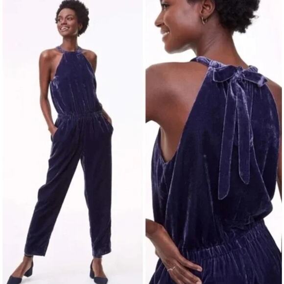 Ann Taylor LOFT Halter Crushed Velvet Jumpsuit Tie Back Straight Leg Blue Petite - Picture 1 of 13